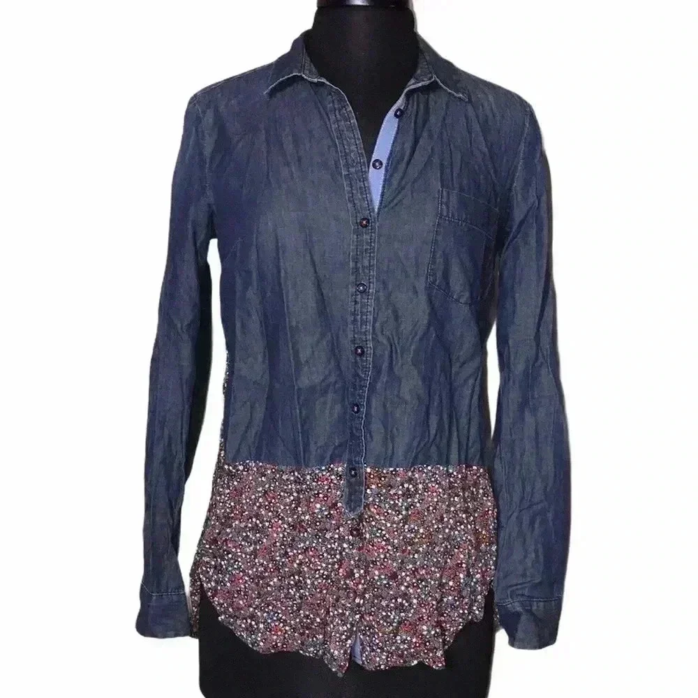 Anthropologie Postmark Denim and Floral Top Size 4 - Picture 2 of 6